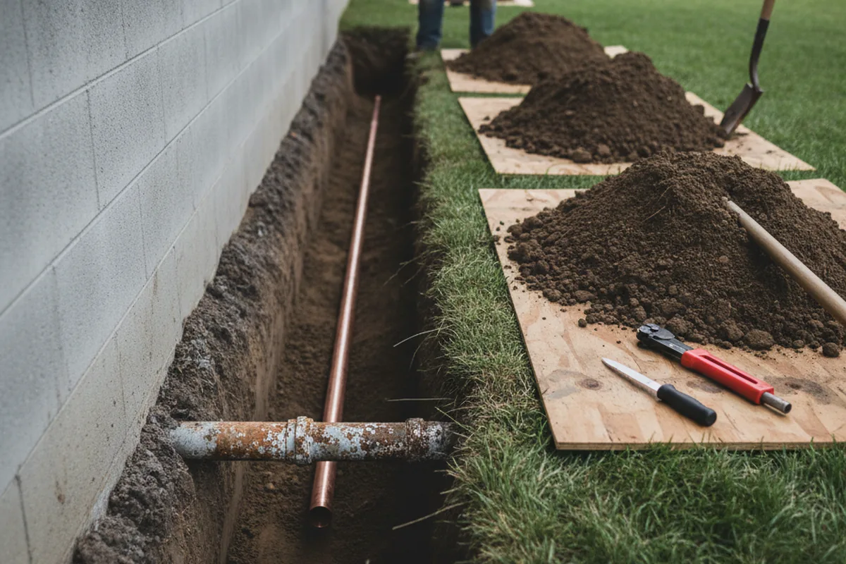 Excavated water line trench during Water Softener Installation in Texico
